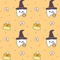 Cute cartoon tooth with witch hat and candy corn funny halloween seamless pattern background illustration Royalty Free Stock Photo