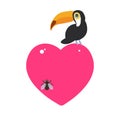 Cute Cartoon toucan bird and the fly Card design with a funny animal with pink heart on a white background. Vector