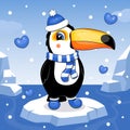 A cute cartoon toucan in a hat and scarf is standing on the ice