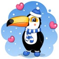 Cute cartoon toucan wearing a winter hat, scarf and boots.