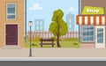 Cute cartoon town street with a shop, tree, bench, fence, street lamp. City street background vector illustration Royalty Free Stock Photo