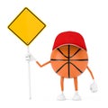 Cute Cartoon Toy Basketball Ball Sports Mascot Person Character with Empty Yellow Traffic Sign Board with Free Space for Your