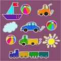 Cute cartoon toys stickers on a violet background