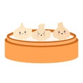 Cute cartoon traditional Chinese dumplings, with funny smiling faces in a bamboo steamer. Vector illustration of Asian