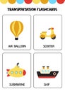 Cute cartoon transportation means with names. Flashcards for children.