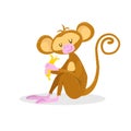 Cute cartoon trendy design little monkey enjoys banana