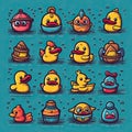 Cute cartoon trendy rubber duck icon set on blue background. Duck icon. AI generative illustration Royalty Free Stock Photo