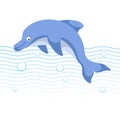 Cute cartoon trendy style dolphin jumping. Sea an ocean blue waves and bubbles. Royalty Free Stock Photo