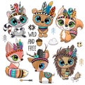 Cute Cartoon tribal animals with feathers isolated on white backround Royalty Free Stock Photo