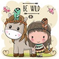 Cartoon tribal girl and Horse with feather