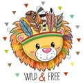 Cute Cartoon tribal Lion with feathers