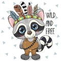 Cute Cartoon tribal Raccoon with feathers