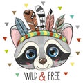 Cute Cartoon tribal Raccoon with feathers