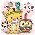 Cute Cartoon tribal Tiger and owl