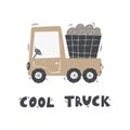 Cute cartoon truck with lettering - cool truck. Vector hand-drawn color children's illustration, poster. Royalty Free Stock Photo