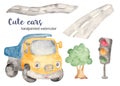 Cute cartoon truck, tree, roads and traffic light watercolor clipart set Royalty Free Stock Photo