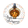 Cute Cartoon Turkey in pilgrim hat and Handwritten Words. Royalty Free Stock Photo