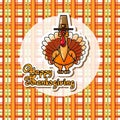 Cute Cartoon Turkey in pilgrim hat and Handwritten Words. Royalty Free Stock Photo