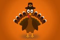 Cute Cartoon Turkey Pilgrim with hat on orange gradient background Thanksgiving poster. Royalty Free Stock Photo