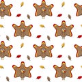 Cute cartoon turkey seamless pattern background illustration with leaves