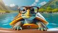 Cute cartoon turtle with glasses swimming in a lake. Cheap vacations concept. AI generated.