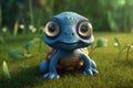 Cute Cartoon Turtle With Very Big Eyes And A Pitying Look The Background Of The Lawn. Generative AI