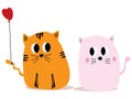 Cute cartoon with two cats with romantic mood, boy cat use tail to hold small heart shape balloon, looking at girl pink cat,