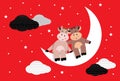 Cute Cartoon two cow is sittng on the moon on red background