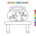 Cute cartoon two fishes on aquarium coloring book for kids. black and white vector illustration for coloring book. two fishes on