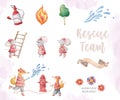 Cute cartoon two fox watercolor illustration set mouses and fire tools. Baby colorful nursery clip art Fireman set, little heroes Royalty Free Stock Photo