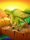 Cute cartoon tyrannosaur with landscape background. Royalty Free Stock Photo