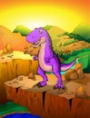 Cute cartoon tyrannosaur with landscape background. Royalty Free Stock Photo