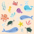Cute cartoon underwater animals stickers pack. Hand drawn sea life elements for printing, poster, card, clothes. Royalty Free Stock Photo