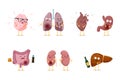 Cute cartoon unhealthy sick human internal organ character set with brain lung intestine heart kidney liver and stomach