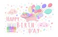 Cute cartoon UNICORN with air ballons and two clouds with happy face illustration Royalty Free Stock Photo