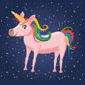 Cute cartoon unicorn on background space illustration, vector, isolated