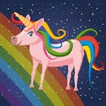 Cute cartoon unicorn on background space rainbow illustration, vector, isolated