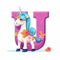 Cute cartoon unicorn with blue hair and horn standing on white background near purple letter U. Creative kids alphabet Royalty Free Stock Photo