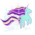 Cute cartoon unicorn in blue and violet colors isolated on white background. Card with cartoon character for toy store Royalty Free Stock Photo