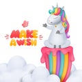 Cute cartoon unicorn character with bell siting on rainbow in cloudy sky