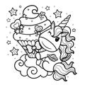 Cute cartoon unicorn with cream cupcake. Black and white children s illustration for coloring. Doodle style. Vector