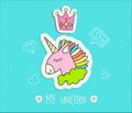 Cute cartoon unicorn with crown vector illustration. Happy uni orn with horn and colored hair, pink uni orn in green