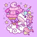 Cute cartoon unicorn with a cupcake on a cloud. Fantasy animal. Children's illustration. Vector.