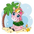 Cute cartoon unicorn dressed as a hula dancer, Hawaii, ready to go character. Summer, sea, palm trees, beach.