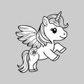 Cute cartoon unicorn . Fantastic animal. Black and white, linear, image. For the design of coloring books, prints