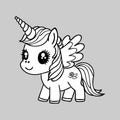 Cute cartoon unicorn . Fantastic animal. Black and white, linear, image. For the design of coloring books, prints