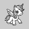 Cute cartoon unicorn . Fantastic animal. Black and white, linear, image. For the design of coloring books, prints