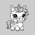 Cute cartoon unicorn . Fantastic animal. Black and white, linear, image. For the design of coloring books, prints