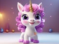 A cute cartoon unicorn figurine stands on a gift box on a pink background. Gifts for the girl on a holiday