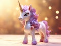 A cute cartoon unicorn figurine stands on a gift box on a pink background. Gifts for the girl on a holiday